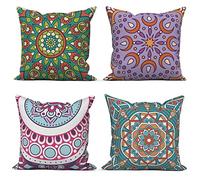 ASDCXZ Federa per cuscino boho 40x40 cm set da 4 pezzi, Boho fiore Datura motivo texture verde viola divano cuscini decorativi federe fodera lavabile poliestere lino tessile imbottitura federa per