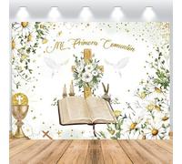 ASDCXZ La Mia Prima Comunione Sfondo Fotografico 2.2x1.5m, Fiori Foglie Colomba Bianca Bibbia Comunione Tema Sfondo Bambina Bambino Neonato Baby Shower Dio Benedica Festa Torta Decor da Tavolo Banner