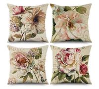ASDCXZ Lot de 4 housses de coussin fleurs de printemps 40x40 cm motif rétro rose beige housse de coussin décorative pour canapé housse de coussin lavable en polyester et d'extérieur taie d'oreiller