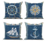 ASDCXZ Maritim - Set di 4 federe per cuscino, 40 x 40 cm, blu, beige, ancora, bussola, barche a vela, per divano, cuscino decorativo, lavabile in poliestere, lino, tessuto per esterni