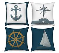 ASDCXZ Maritim - Set di 4 federe per cuscino da 45 x 45 cm, motivo con ancora, marittimo, barca a vela, cuscino decorativo, lavabile in poliestere, lino