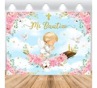ASDCXZ Mi Bautizo Sfondo 2,2 x 1,5 m, rosa fiori oro, dio benedizione, prima comunione, sfondo fotografico, sfondo fotografico, per ragazze, comunione, battesimo, baby shower, feste fotografiche