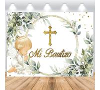 ASDCXZ Mi Bautizo Sfondo 2,2 x 1,5 m, Verde Foglie Dio Benedizione, Prima Comunione, Sfondo fotografico in vinile per Comunione, Battesimo, Baby Doccia Party Decorazione Foto Shoot
