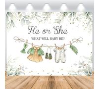 ASDCXZ Rivelazione del sesso Sfondo 2.2x1.5m, Foglie verdi di primavera vestiti del fumetto ornamenti Sfondo Fotografico Ragazzo Ragazza Gender Reveal Party Decorare Torta Banner da tavolo