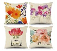 ASDCXZ Set di 4 con Fiori 40x40 cm, Acquarello Fiore Foglie Verdi Beige per Divano Lavabile in Lino Tessuto per Cuscino Federa per Cuscino