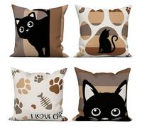 ASDCXZ Set di 4 Federe Cuscini Boho 40x40 Gatto Piazza Divano Decorazione Federe per Cuscino, Gatto Nero Stampa del Pedone Lische di Pesce Lavabile Marrone Poliestere Tessile Esterna Copricuscini