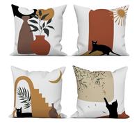 ASDCXZ Set di 4 Federe Cuscini Boho 45x45 Bohemian Gatto Piazza Divano Decorazione Federe per Cuscino, Divertente Gatto Sole Luna Foglie Lavabile Marrone Poliestere Tessile Esterna Copricuscini