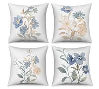 ASDCXZ - Set di 4 federe per cuscino 40 x 40 cm, fiore blu e rosa in stile acquarello, foglie, per divano, cuscino decorativo, federe per cuscino lavabili in poliestere e lino, tessuto per esterni