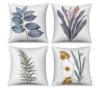 ASDCXZ - Set di 4 federe per cuscino, 40 x 40 cm, fiore dipinto a mano, giallo, fiore blu, foglie, cuscino decorativo per divano, federe per cuscino lavabili, poliestere, lino, tessuto, per esterni