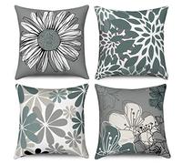 ASDCXZ Set di 4 federe per cuscino da 40 x 40 cm, colore verde acqua, stile moderno dell'Europa settentrionale, con fiori verdi e grigi, lavabile, in poliestere e lino