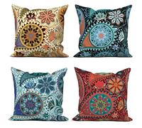 ASDCXZ Set di 4 federe per cuscino in stile boho, 40 x 40 cm, motivo floreale bohémien, colore beige, blu, per divano, cuscino decorativo, lavabile in poliestere, lino