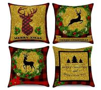 ASDCXZ Set di 4 federe per cuscino natalizio, 40 x 40 cm, colore rosso, oro, nero, cervo, albero di Natale, divano, cuscino decorativo, lavabile, in poliestere, lino