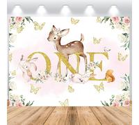 ASDCXZ Sfondo de il primo compleanno per ragazza 2.2x1.5m, Carino Cervo Fiori Farfalla Ragazza Primo Compleanno Sfondo Fotografico Principessa Festa di Compleanno Torta Tavola Decorazione Banner