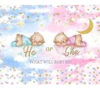 ASDCXZ Sfondo fotografico a rivelare il sesso, 2,5 x 1,8 m, con scritta in lingua tedesca "He or She" Carino Orsetto Makaron Rosa Blu Stella Nuvola, sfondo per foto in vinile, per baby shower,