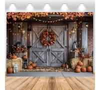 ASDCXZ Sfondo Fotografico Autunno 2.7x1.8m, Vintage Rustico Fienile Muro di Mattoni Foglie d'acero Zucca Autunno Tema Sfondo Fotografia per Ringraziamento Festa Decorazioni Striscione Studio Attrezzi