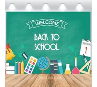 ASDCXZ Sfondo Fotografico Bentornati a Scuola 1.8x1.2m, Cartone Animato Verde Lavagna Globo Cancelleria Primo Giorno di Scuola Tema Sfondo Fotografia per Aula Festa Decorazioni Materiali Banner