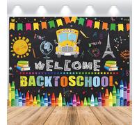 ASDCXZ Sfondo Fotografico Bentornati a Scuola 3.6x2.5m, Lavagna Pastello Scuolabus Primo Giorno di Scuola Tema Sfondo Fotografia per Bambini Studente Aula Festa Decorazioni Materiali Banner