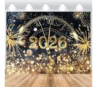 ASDCXZ Sfondo Fotografico Buon Anno 2026 1.8x1.2m, Fuochi d'artificio Orologi Nero Oro 2026 Capodanno Sfondo Fotografia Vinile Natale Buon Anno Vigilia Festival Famiglia Festa Decorazione Striscione