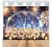 ASDCXZ Sfondo Fotografico Buon Anno 2026 2.2x1.5m, Fuochi d'artificio Glitter Oro Orologi 2026 Capodanno Sfondo Fotografia Natale Buon Anno Vigilia Festival Famiglia Festa Decorazione Striscione