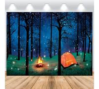 ASDCXZ Sfondo fotografico da campeggio con foresta, 1,8 x 1,5 m, con scena della foresta stellata, in vinile, sfondo fotografico per campeggio, decorazione per feste a tema, feste di compleanno per