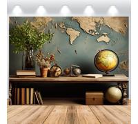 ASDCXZ Sfondo Fotografico Mappa del Mondo 3.6x3m, Vintage Scrivania Tavolo Libri Globo Bentornato a Scuola Tema Sfondo Fotografia per Primo Giorno di Scuola Aula Festa Decorazioni Materiali Banner