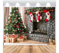 ASDCXZ Sfondo Fotografico Natale 2.5x1.8m, Inverno Albero di Natale Camino Scatola Regalo Xmas Tema Sfondo Fotografia Capodanno Festività Famiglia Celebrazione Festa Casa Decorazioni Banner