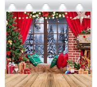 ASDCXZ Sfondo Fotografico Natale 3.6x2.5m, Inverno Finestra Scena di Neve Luna Albero di Natalizio Scatola Regalo Sfondo Fotografia Natale Capodanno Famiglia Celebrazione Festa Decorazioni Banner