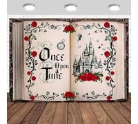 ASDCXZ Sfondo Fotografico Once Upon a Time 2.2x1.5m, Rose Rosse Favole Libro Principessa Castello Tema Fotografia Sfondo per Ragazze Compleanno Matrimonio Festa Decorazione Banner Puntelli Foto