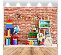 ASDCXZ Sfondo Fotografico Ritorno a Scuola 2.7x1.8m, Muro di Mattoni Disegno Strumenti Arte Primo Giorno di Scuola Tema Sfondo Fotografia per Bambini Studente Aula Festa Decorazioni Materiali Banner