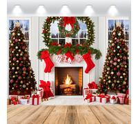 ASDCXZ Sfondo Natalizio 2,2 x 1,5 m, Camino, Albero Rosso, Calzini, Scatola Regalo, Albero di Natale, Sfondo Fotografico, Decorazione