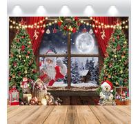 ASDCXZ Sfondo natalizio 3 x 2 m, Babbo Natale che arriva finestra albero di Natale scena neve glitter sfondo fotografico, vinile festa festa ornamenti fotografia sfondo banner