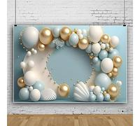 ASDCXZ Sfondo per feste di compleanno, 2,2 x 1,5 m, azzurro, bianco, oro, sfondo per foto in vinile, per primo compleanno, ragazza, ragazzo, ritratto