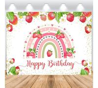 ASDCXZ Sfondo per foto di compleanno, 2,2 x 1,5 m, dolce fragola, arcobaleno Happy Birthday, primo compleanno, ragazza, sfondo per foto in vinile, per ragazze e feste di compleanno