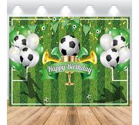ASDCXZ Sfondo per foto di compleanno, ragazzo, 2,2 x 1,5 m, verde, campo da calcio, trofeo Happy Birthday, tema calcio, sfondo fotografico, in vinile, decorazione per feste di compleanno
