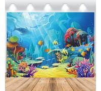 ASDCXZ Sotto il mare sfondo 2,2 x 1,5 m, cartone animato subacqueo blu oceano colorato pesce corallo fotografia sfondo bambini compleanno baby doccia striscione torta tavolo cabina foto accessori di