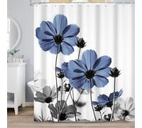 ASDCXZ Tenda da Doccia Blu Floreale 165x180 cm, Acquerello Blu Grigio Margherita Fiori Rustico Agriturismo Impermeabile Poliestere Tessuto Lavabile Tenda da Bagno con 12 Ganci