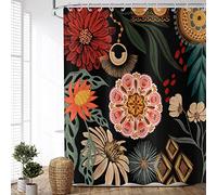ASDCXZ Tenda da doccia bohémien, 180 x 240 cm, stile retrò, astratto, fiore, foglie di colore nero, lavabile, in poliestere, impermeabile, per vasca da bagno con 12 ganci per doccia
