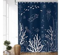 ASDCXZ Tenda da doccia con animali marini, 180 x 200 cm, dipinta a mano, meduse, tartaruga, pesce, conchiglie, blu, lavabile, antimuffa, in poliestere, impermeabile, per vasca da bagno con 12 ganci