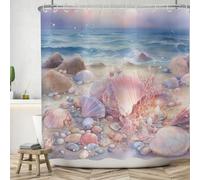 ASDCXZ Tenda da Doccia da Spiaggia 180x200 cm, Acquerello Romantico Rosa Viola Guscio Sabbia Blu Onda Marina Bagno Lavabile Tende da Doccia in Poliestere Tessuto Impermeabile Tenda da Bagno per Vasca