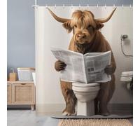 ASDCXZ Tenda da Doccia Divertente Mucca 120x200 cm, Rustico Altopiano Mucca Lettura Giornale Vintage Fattoria Animale Impermeabile Poliestere Tessuto Lavabile Tenda da Bagno con 8 Ganci