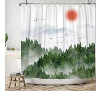 ASDCXZ Tenda da Doccia Foresta 180x180 cm, Primavera Verde Nebbia Foresta Giungla Uccelli Sole Montagne Bagno Lavabile Tende da Doccia Tessuto in Poliestere Impermeabile Tenda da Doccia per Vasca da