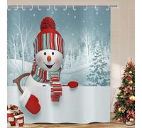 ASDCXZ Tenda da doccia natalizia, 180 x 180 cm, grazioso cappello rosso, pupazzo di neve, sci, paesaggio nevoso, bagno, lavabile, in poliestere, impermeabile, tenda da doccia per vasca da bagno con 12