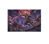 ASDFGHJKLZA Ninja Samurai Cybernetico Quadri Moderni Tela Pagoda Luna Rossa Sangue Decorazione Parete Soggiorno 08x12inch(20x30cm)