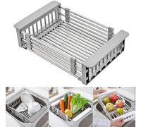 ASEANAO Scolapiatti da cucina in acciaio inox, cestello retrattile con bracciolo regolabile, scolapiatti da sopra il lavandino (piccolo)