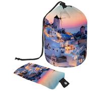 asebiunh - Borsa cosmetica con coulisse, a forma di botte, portatile, da viaggio, borsa da toeletta in Grecia Santorini Caldera al tramonto, grande capacità, impermeabile e multifunzionale,