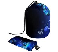 asebiunh - Borsa per cosmetici con coulisse, a forma di botte, portatile, da viaggio, con farfalle blu, motivo Morpho, grande capacità, impermeabile, multifunzionale, per articoli da toeletta,