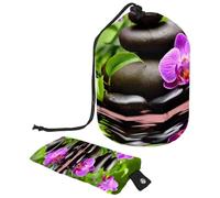 asebiunh - Trousse da viaggio per cosmetici, a forma di barile, multifunzionale, per articoli da toeletta, organizer rotondo, con pietre di basalto zen e equilibrio di orchidee, Multicolore,