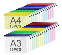 ASelected 30 pezzi buste con zip A3 + A4, 5 Colori trasparenti borse di file mesh, impermeabile busta porta documenti con cerniera, cartelline pochette zip per cartelline portadocumenti