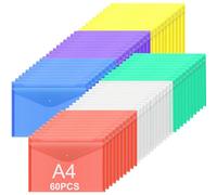ASelected Set di 60 Busta Porta Documenti A4, 6 Colori Trasparente Cartelline Portadocumenti Plastica A4 Busta Con Bottone, Cartelle Porta Documenti - 335 x 235 mm