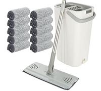 ASelected Set di mocio piatto e secchio, mocio a mani libere, con 10 panni in microfibra riutilizzabili e manico lungo 123 cm, manico in microfibra per piastrelle, marmo, legno duro